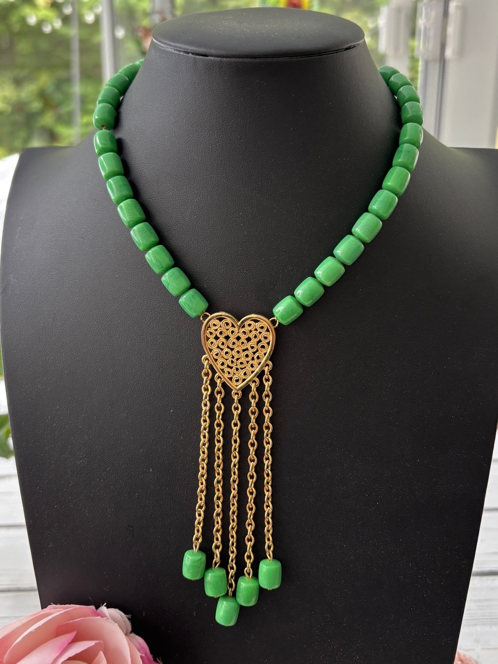 Vintage Vendome Green and Gold Necklace with Heart